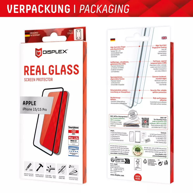 Displex Full Cover displayschermglas (10H) voor Apple iPhone 15/15 Pro, Eco montageframe, Full Cover