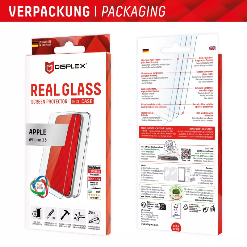 Displex displayscherm + hoesje voor Apple iPhone 15, Eco montageframe, krasvast