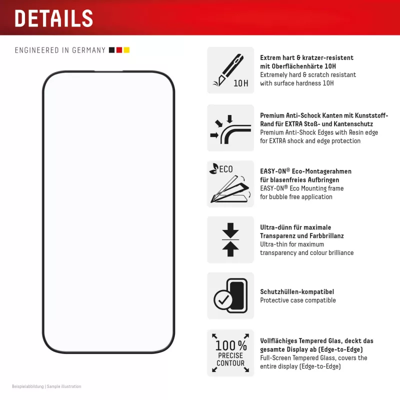 Displex Premium displayschermfolie (Full Cover, 10H) voor Apple iPhone 16, Eco montageframe, Full Cover