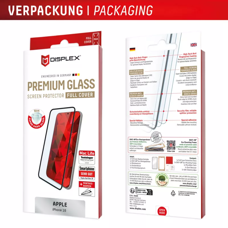 Displex Premium displayschermfolie (Full Cover, 10H) voor Apple iPhone 16, Eco montageframe, Full Cover