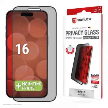 Displex privacy beeldschermbeschermfolie (10H) voor Apple iPhone 16, Eco montageframe, kijkhoekfilter