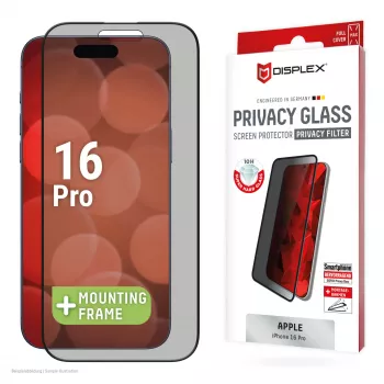 Displex privacy beeldschermbeschermfolie (10H) voor Apple iPhone 16 Pro, Eco montageframe, privacyfilter