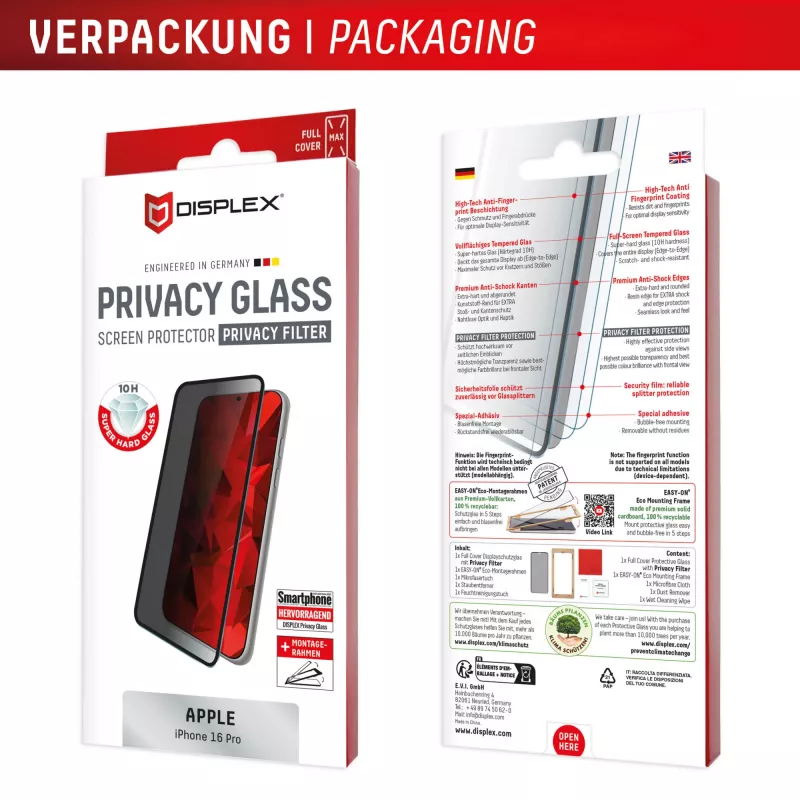 Displex privacy beeldschermbeschermfolie (10H) voor Apple iPhone 16 Pro, Eco montageframe, privacyfilter