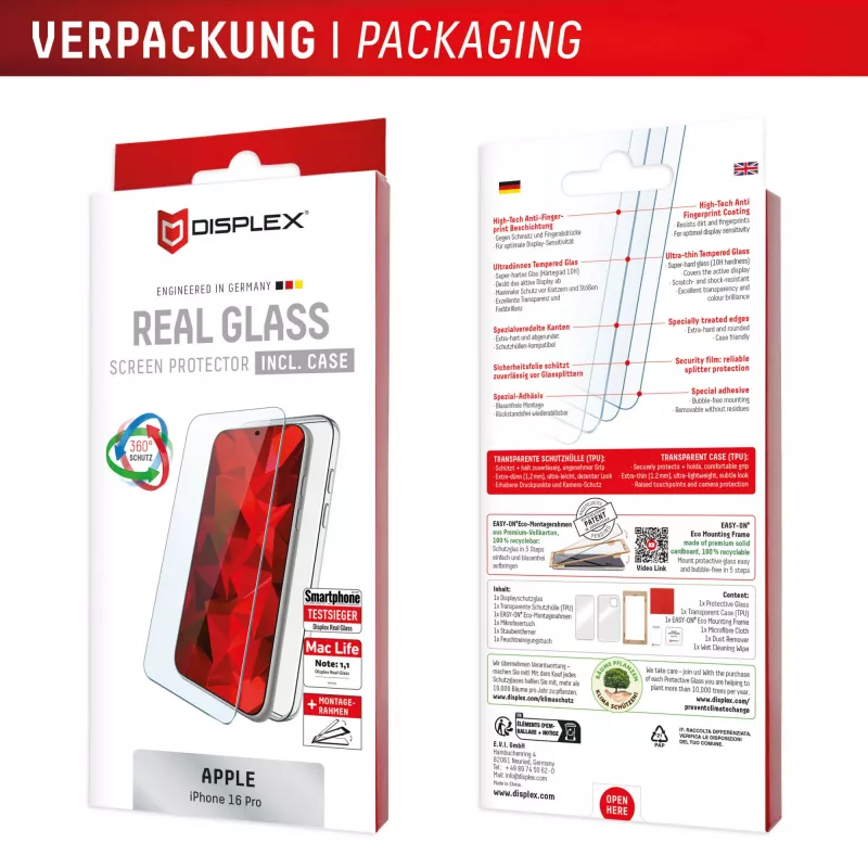 Displex beeldschermbescherming + hoesje voor Apple iPhone 16 Pro, Eco montageframe, krasvast