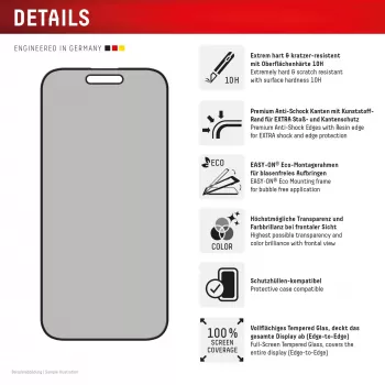 Displex Privacy Screen Protector (10H) voor Apple iPhone 16 Plus, Eco montageframe, kijkhoekfilter