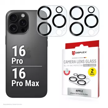 Displex Full Cover camera-objectiefglas iPhone 16 Pro/16 Pro Max, 10H, volledige camerabescherming, snelle montage, 2-pack