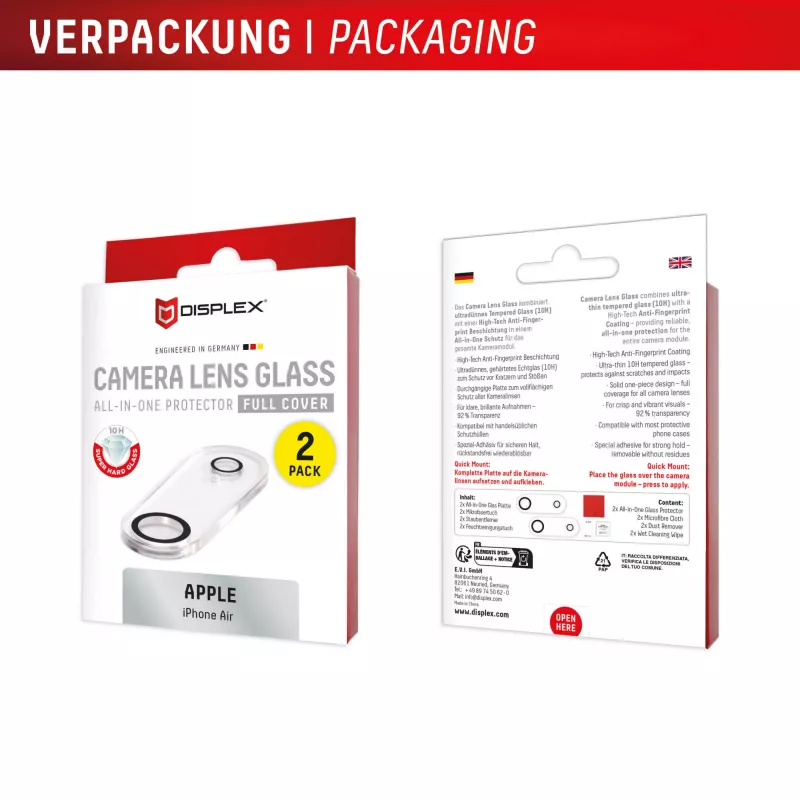 Displex Full Cover camera-lensglas iPhone Air, 10H, volledige camerabescherming, Quick Mount, 2 stuks