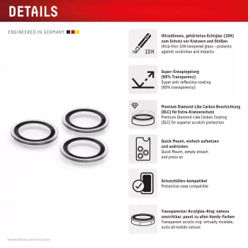Displex Premium camera-objectiefglas, iPhone 17 Pro/17 Pro Max glas, 10H, enkelvoudige ringen, DLC, transparant, Quick Mount