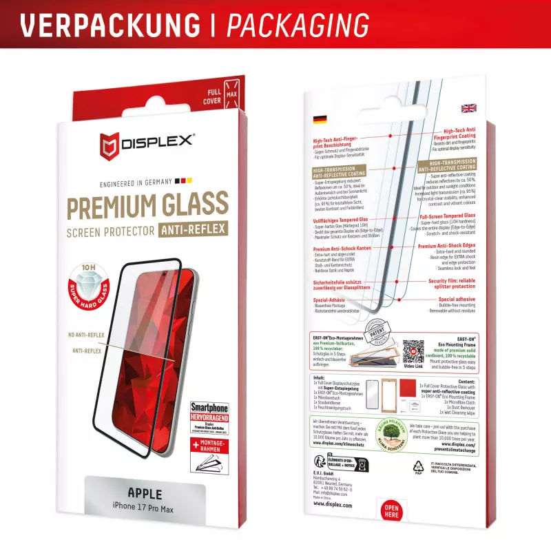 Displex Premium Screen Protector (Full Cover, 10H) voor Apple iPhone 17 Pro Max, Eco-montageframe, Full Cover
