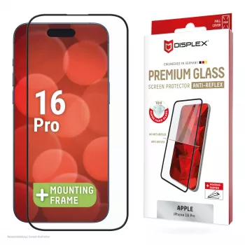 Displex Premium Anti-Reflex Screen Protector (anti-reflecterende volledige bedekking, 10H) voor Apple iPhone 16 Pro, Eco montageframe, volledige bedekking