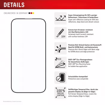 Displex Premium Anti-Reflex Screen Protector (anti-reflecterende volledige bedekking, 10H) voor Apple iPhone 16 Pro, Eco montageframe, volledige bedekking