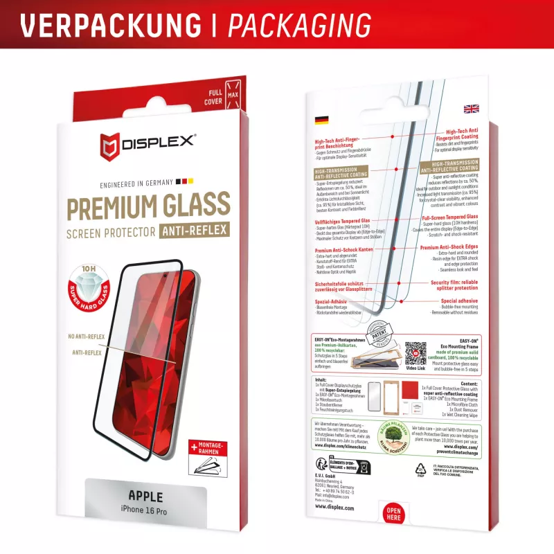 Displex Premium Anti-Reflex Screen Protector (anti-reflecterende volledige bedekking, 10H) voor Apple iPhone 16 Pro, Eco montageframe, volledige bedekking