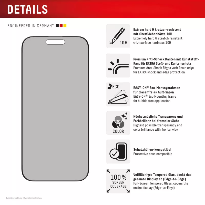 Displex kijkbeschermingsfolie (10H) voor Apple iPhone 16 Pro Max, Eco montageframe, kijkbeschermingsfilter