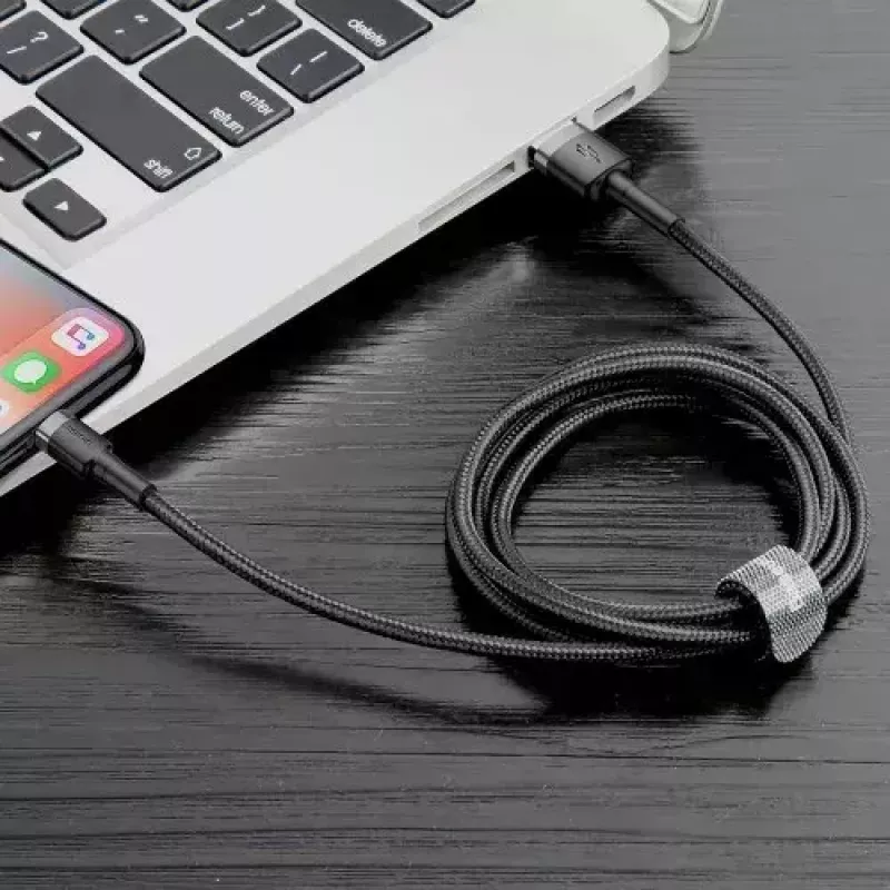 USB-A-naar-Lightning-kabel Baseus Cafule (CALKLF-CG1) – nylon gevlochten, QC3.0 1,5 A, 2 m, grijs/zwart
