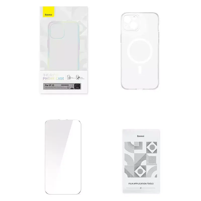 Baseus Magnetic Crystal Clear telefoonhoes voor iPhone 13, transparant, met gehard glas screenprotector