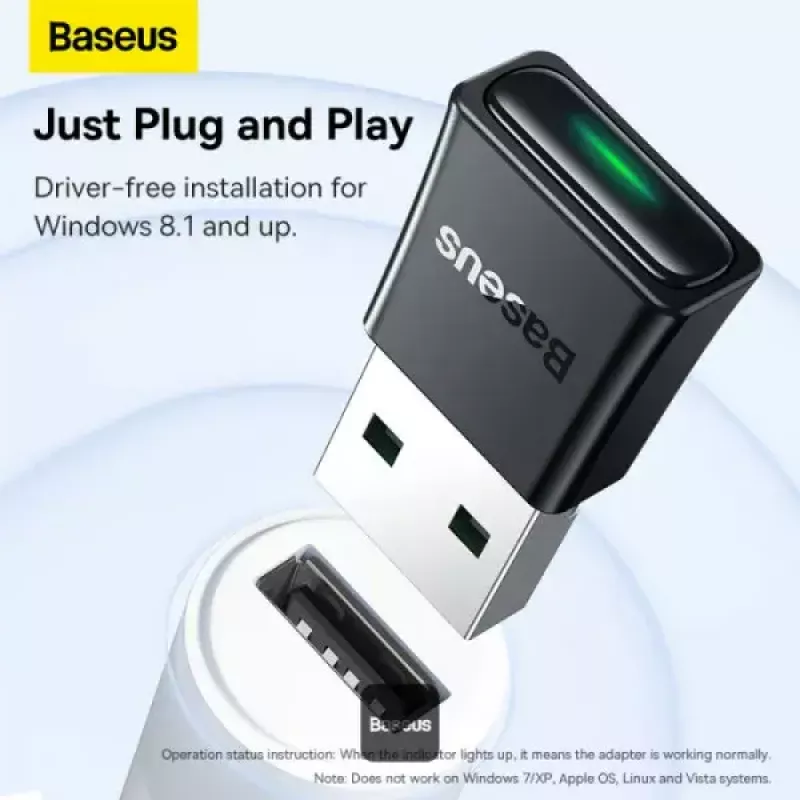 Baseus BA07 Mini Bluetooth-adapter voor pc, USB 5.3 draadloze Bluetooth-dongle-ontvanger - zwart