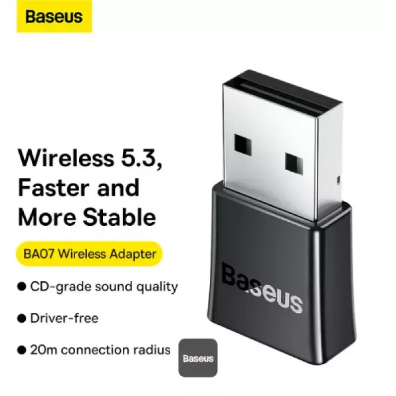 Baseus BA07 Mini Bluetooth-adapter voor pc, USB 5.3 draadloze Bluetooth-dongle-ontvanger - zwart