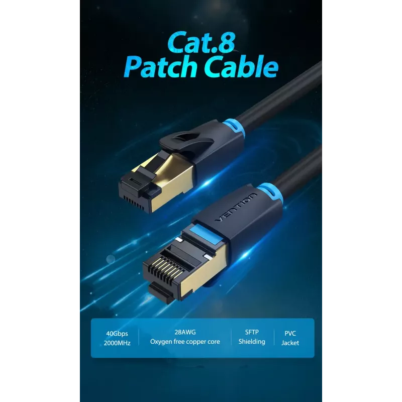 Ethernet-patchkabel Vention Cat.8 S/FTP 1 m zwart RJ-45 goud gecoat