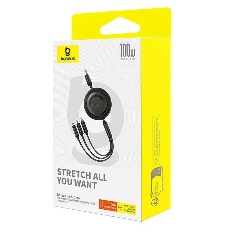 USB 3-in-1 kabel Baseus Free2Draw (USB-A naar Micro USB + Lightning + USB-C), 100 W, 1,1 m, zwart
