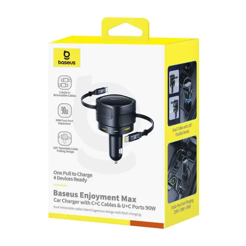 Autolader Baseus Enjoyment Max 90W met USB-C- en USB-A-aansluitingen