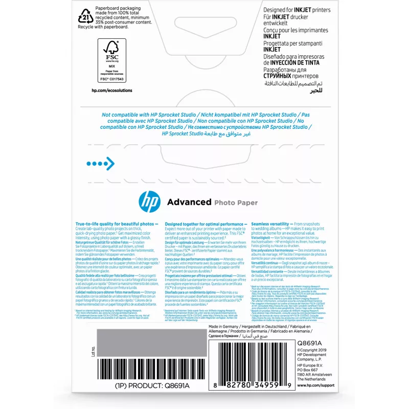 HP Advanced Photo Paper Glossy 250 g/m2 10 x 15 cm (101 x 152 mm) 25 vel