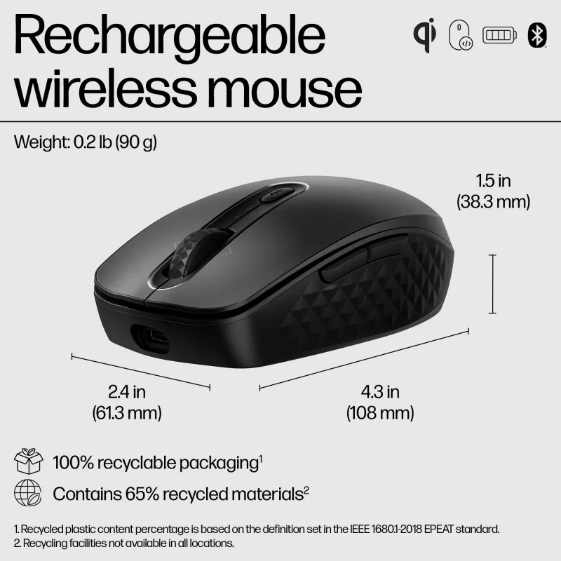 HP 695 oplaadbare draadloze muis, dubbelhandig, Bluetooth, 4000 DPI, zwart