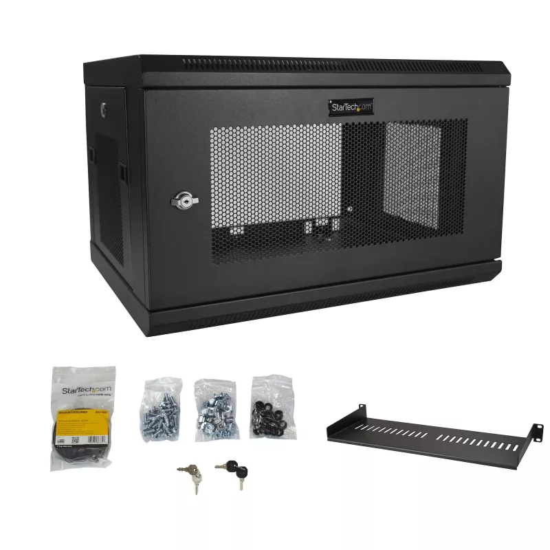 StarTech.com 2-paals 6HE wandmontage-netwerkkast met 1HE legbord, 19 inch wandgemonteerd serverrack voor data-/netwerk-/AV-/elektronica-/computerapparatuur, kleine geventileerde rackbehuizing