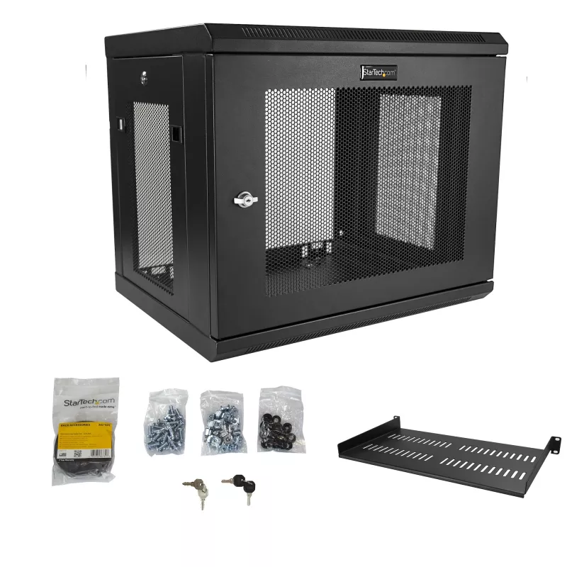 StarTech.com 2-paals 9U wandmontage-netwerkkast met 1U-legbord, 19 inch wandgemonteerd serverrack voor data-/netwerk-/AV-/elektronica-/computerapparatuur, kleine geventileerde rackbehuizing
