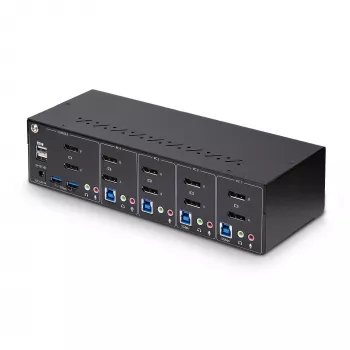 StarTech.com 4-poorts dual-monitor DisplayPort KVM-switch, 4K 60Hz, 2x USB 5Gbps hub-poorten, 2x USB 2.0 HID-poorten, hotkey- en knopomschakeling, TAA-conform – 3,5 mm audio, HDCP