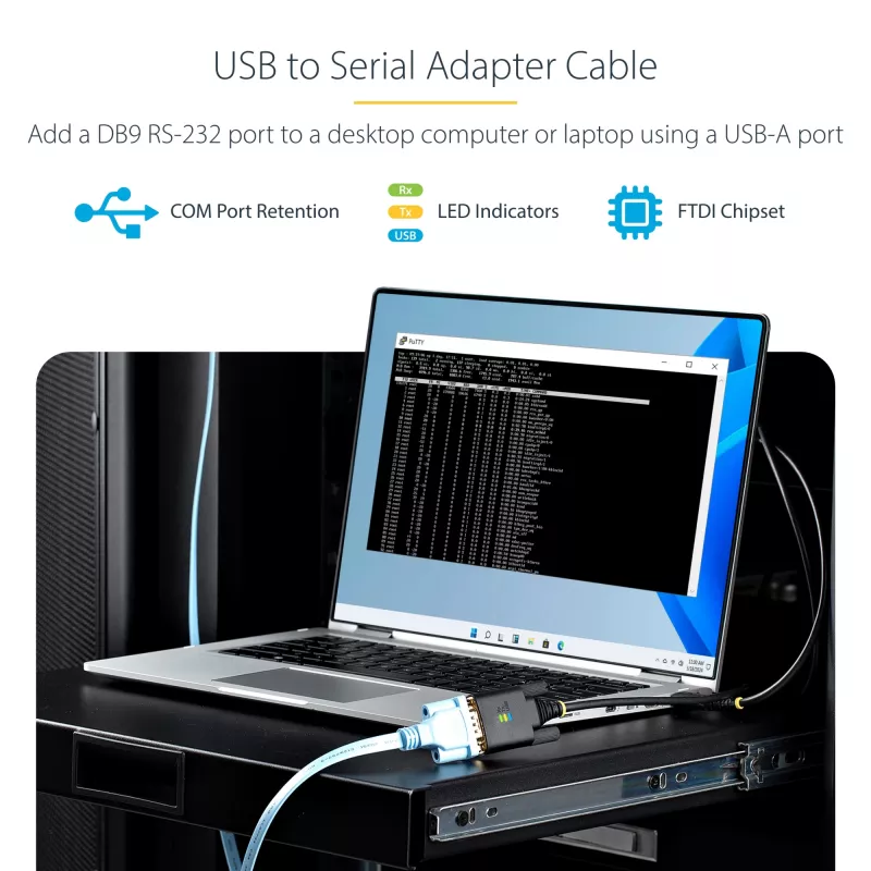 StarTech.com 3ft (1m) USB-naar-serieel adapterkabel, COM-behoud, verwisselbare schroeven/moeren, USB-A naar DB9 RS232, FTDI IC, ESD-bescherming, Windows/macOS/Linux