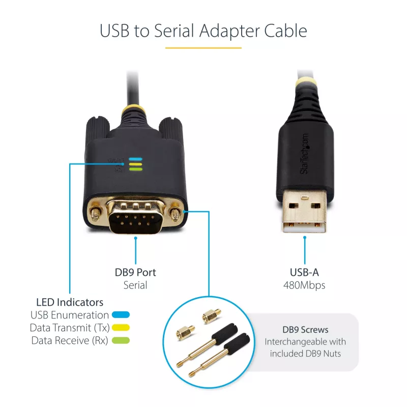 StarTech.com 3ft (1m) USB-naar-serieel adapterkabel, COM-behoud, verwisselbare schroeven/moeren, USB-A naar DB9 RS232, FTDI IC, ESD-bescherming, Windows/macOS/Linux
