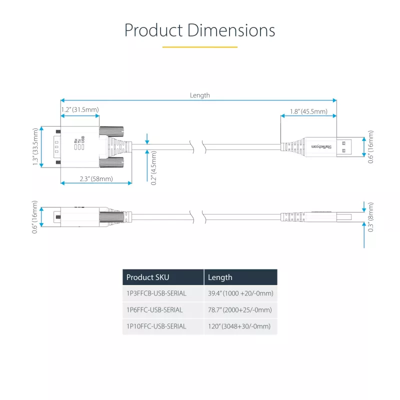 StarTech.com 3ft (1m) USB-naar-serieel adapterkabel, COM-behoud, verwisselbare schroeven/moeren, USB-A naar DB9 RS232, FTDI IC, ESD-bescherming, Windows/macOS/Linux