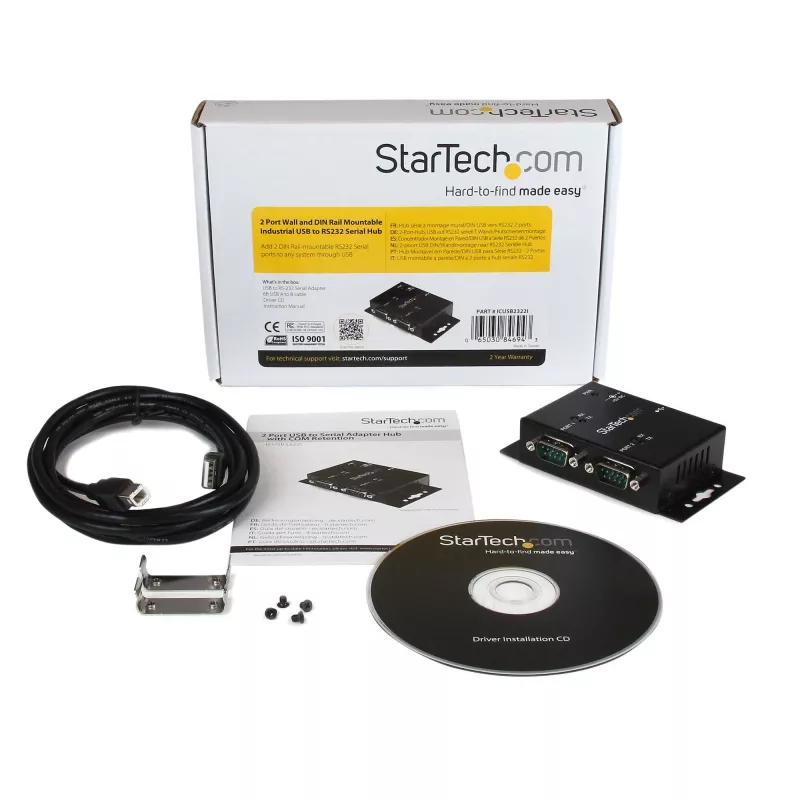 StarTech.com 2-poorts industriële, wandmontage USB-naar-serieel adapter-hub met DIN-railclips