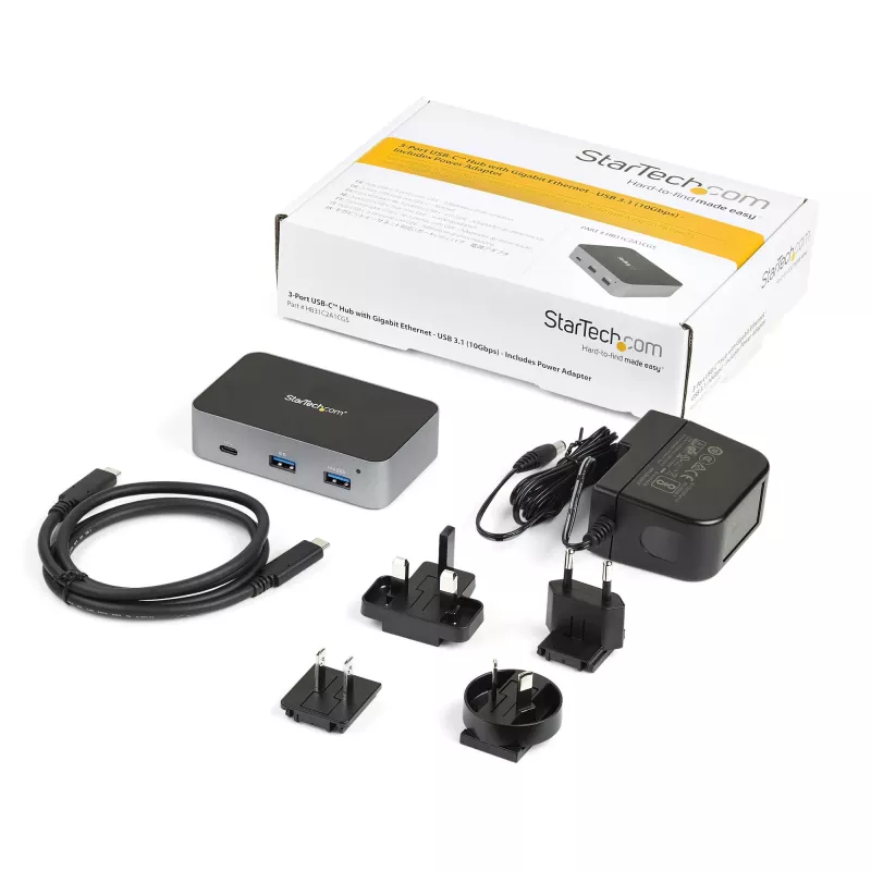 StarTech.com HB31C2A1CGS 3-poorts USB-C-hub met Gigabit Ethernet, USB 3.1 Gen 2 10 Gbps, 2x USB-A + 1x USB-C, 1 m hostkabel, met voedingsadapter