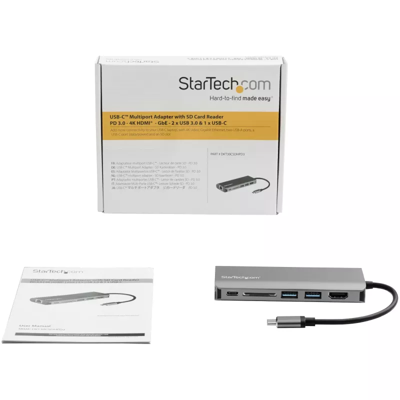 StarTech.com USB-C multiport-adapter – USB-C travel dock met 4K HDMI, 3x USB 3.0 hub, SD/SDHC, GbE, 60W PD 3.0 pass-through – USB Type-C/Thunderbolt 3 – vervangt DKT30CSDHPD