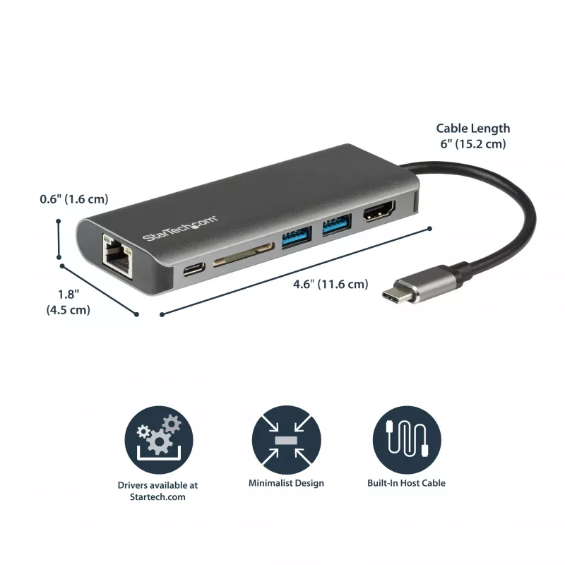 StarTech.com USB-C multiport-adapter – USB-C travel dock met 4K HDMI, 3x USB 3.0 hub, SD/SDHC, GbE, 60W PD 3.0 pass-through – USB Type-C/Thunderbolt 3 – vervangt DKT30CSDHPD