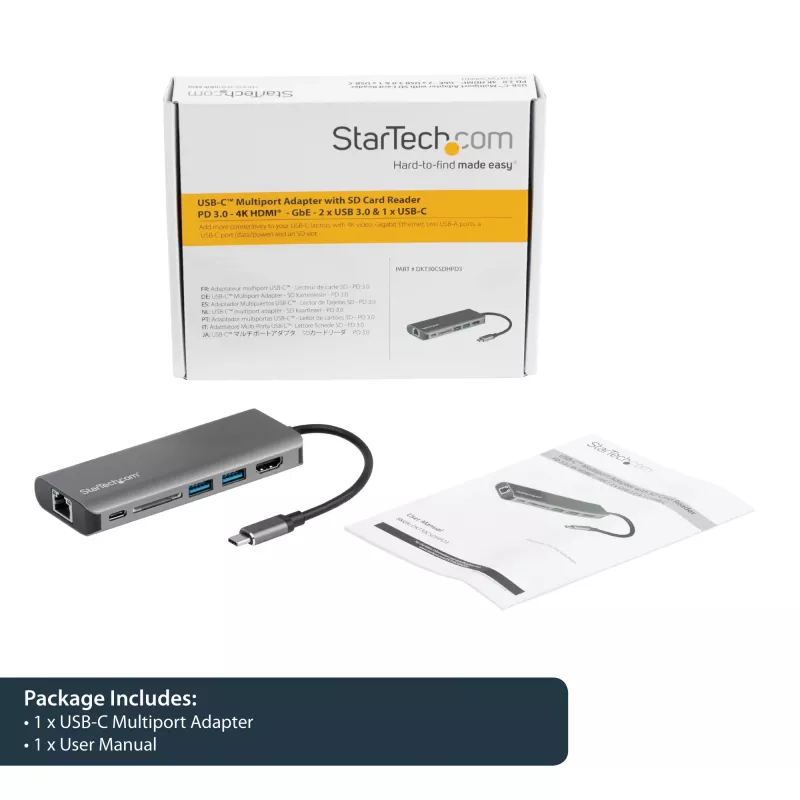 StarTech.com USB-C multiport-adapter – USB-C travel dock met 4K HDMI, 3x USB 3.0 hub, SD/SDHC, GbE, 60W PD 3.0 pass-through – USB Type-C/Thunderbolt 3 – vervangt DKT30CSDHPD