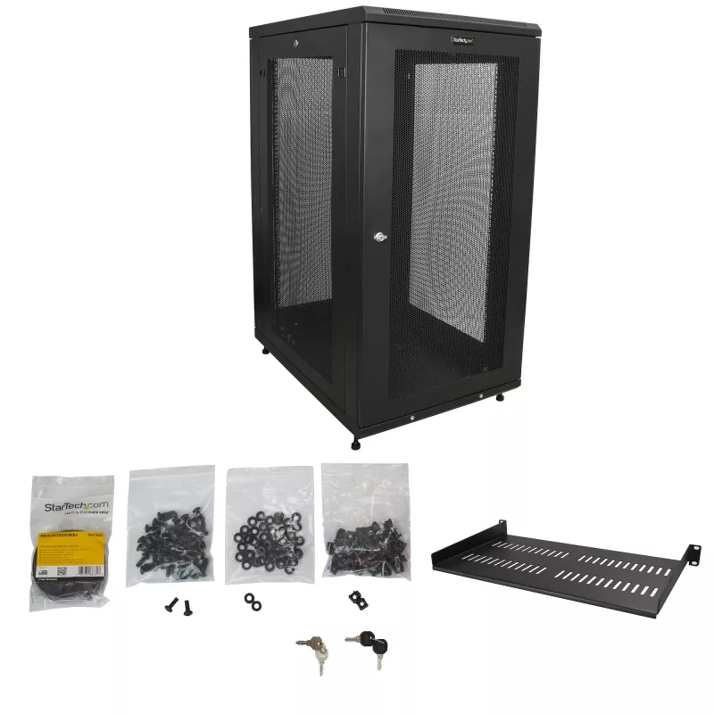 StarTech.com 4-posts 24U server-rackkast, afsluitbare 19-inch datarackkast voor computer-/AV-/IT-apparatuur, kantoor-/thuisnetwerkrack met wielen en verstelbare montagerails