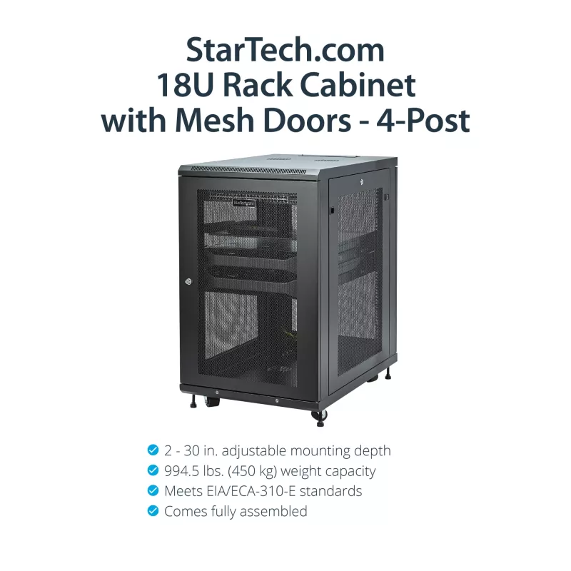 StarTech.com 4-posts 18U server-rackkast, afsluitbare 19-inch datarackkast voor computer / AV / IT-apparatuur, kantoor- / thuisnetwerkrack met wielen & verstelbare montagerails