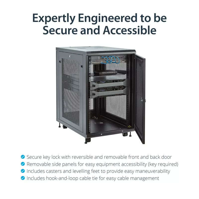 StarTech.com 4-posts 18U server-rackkast, afsluitbare 19-inch datarackkast voor computer / AV / IT-apparatuur, kantoor- / thuisnetwerkrack met wielen & verstelbare montagerails