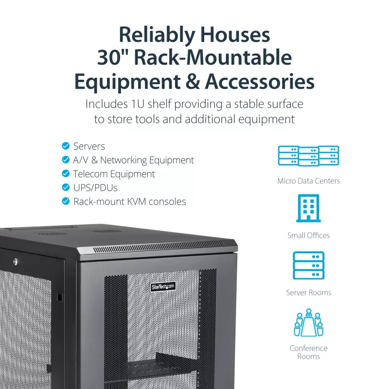 StarTech.com 4-posts 18U server-rackkast, afsluitbare 19-inch datarackkast voor computer / AV / IT-apparatuur, kantoor- / thuisnetwerkrack met wielen & verstelbare montagerails