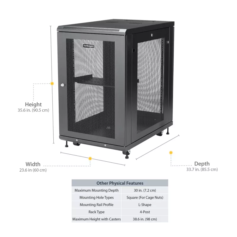 StarTech.com 4-posts 18U server-rackkast, afsluitbare 19-inch datarackkast voor computer / AV / IT-apparatuur, kantoor- / thuisnetwerkrack met wielen & verstelbare montagerails