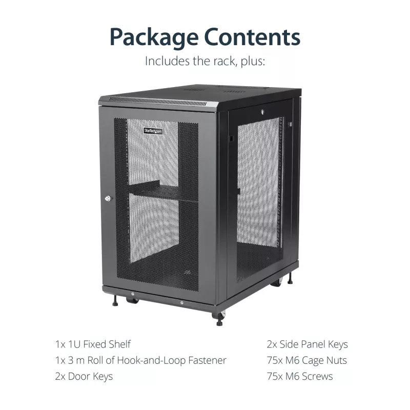 StarTech.com 4-posts 18U server-rackkast, afsluitbare 19-inch datarackkast voor computer / AV / IT-apparatuur, kantoor- / thuisnetwerkrack met wielen & verstelbare montagerails