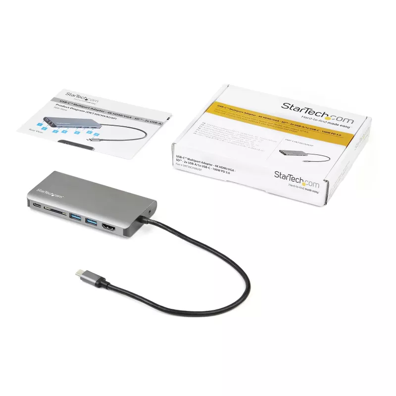 StarTech.com USB-C multiport-adapter – USB-C mini travel dock met 4K HDMI of 1080p VGA – 3x USB 3.0 hub, SD, GbE, audio, 100W PD pass-through – draagbare dockingstation voor laptop/tablet