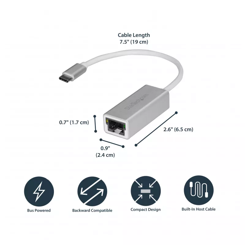 StarTech.com USB-C naar Gigabit-netwerkadapter – zilver, bekabeld, USB, Ethernet, 5000 Mbit/s, zilver