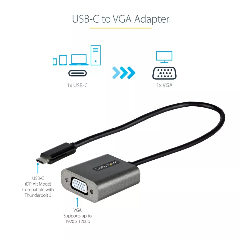 StarTech.com USB-C naar VGA-adapter – 1080p USB Type-C naar VGA-adapter dongle – USB-C (DP Alt Mode) naar VGA-monitor/display videoconverter – Thunderbolt 3 compatibel – 30 cm lang vast kabel – verbeterde versie van CDP2VGA