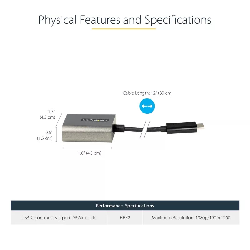 StarTech.com USB-C naar VGA-adapter – 1080p USB Type-C naar VGA-adapter dongle – USB-C (DP Alt Mode) naar VGA-monitor/display videoconverter – Thunderbolt 3 compatibel – 30 cm lang vast kabel – verbeterde versie van CDP2VGA