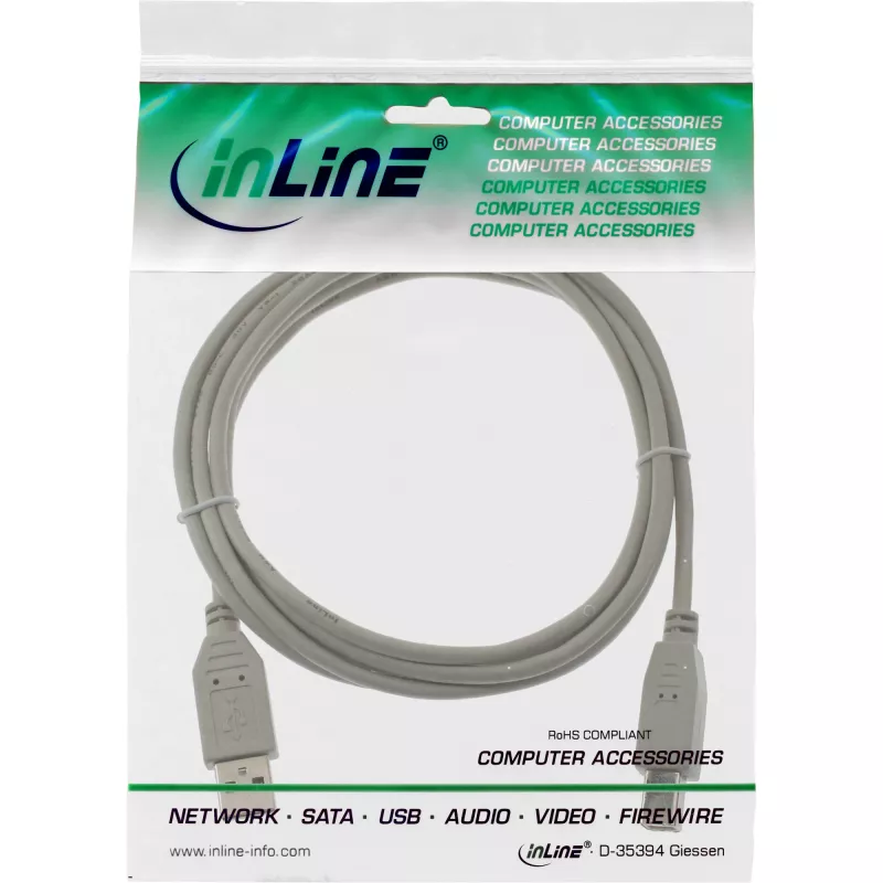 USB 2.0 kabel type A stekker / B stekker beige 1m InLine 34510H