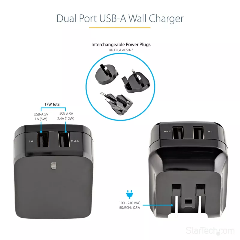 StarTech.com Dual-Port USB-wandlader – internationale reizen – 17W/3,4A – zwart