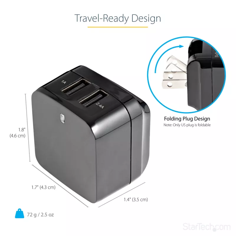 StarTech.com Dual-Port USB-wandlader – internationale reizen – 17W/3,4A – zwart